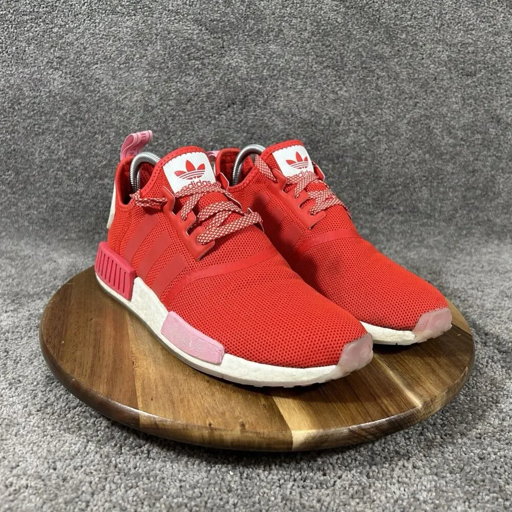 Adidas NMD_R1 Boost EE3829 Women’s Sz 9.5 Red Pink Heart Mesh Running Shoes Used